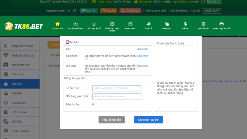 Hướng dẫn nạp tiền TK88 qua Momo 